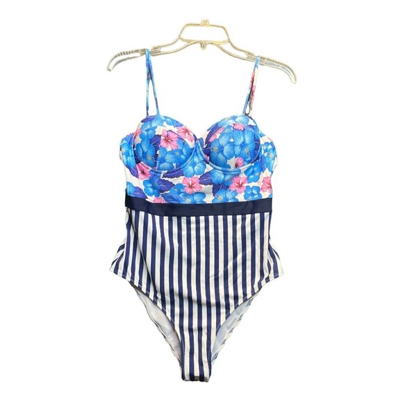 CUPSHE Stripe and Floral One Piece Swimsuit Bathing Suit Push-up NWT Sz L - Picture 1 of 8